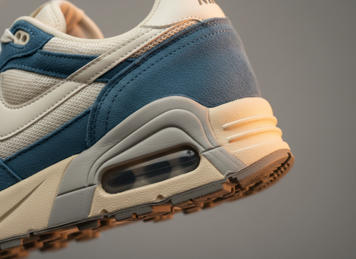 Détail gros plan de la bulle Air visible au talon d'une sneaker retro running, fond gris studio