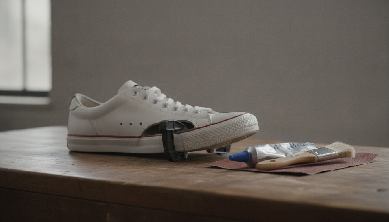 Semelle décollée d'une sneaker blanche posée sur un établi avec colle et matériel de réparation