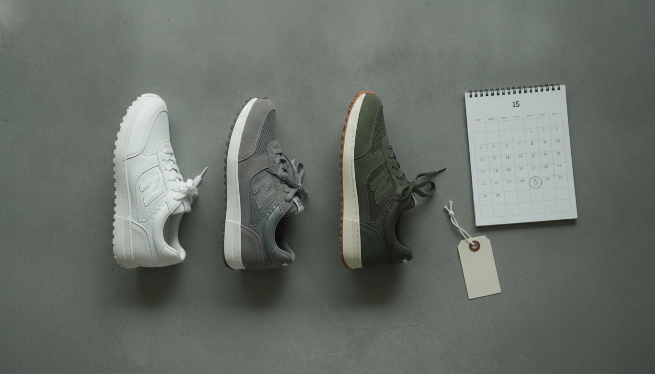 Trois paires de sneakers lifestyle posées sur béton avec un calendrier, symbolisant le bon moment pour acheter.