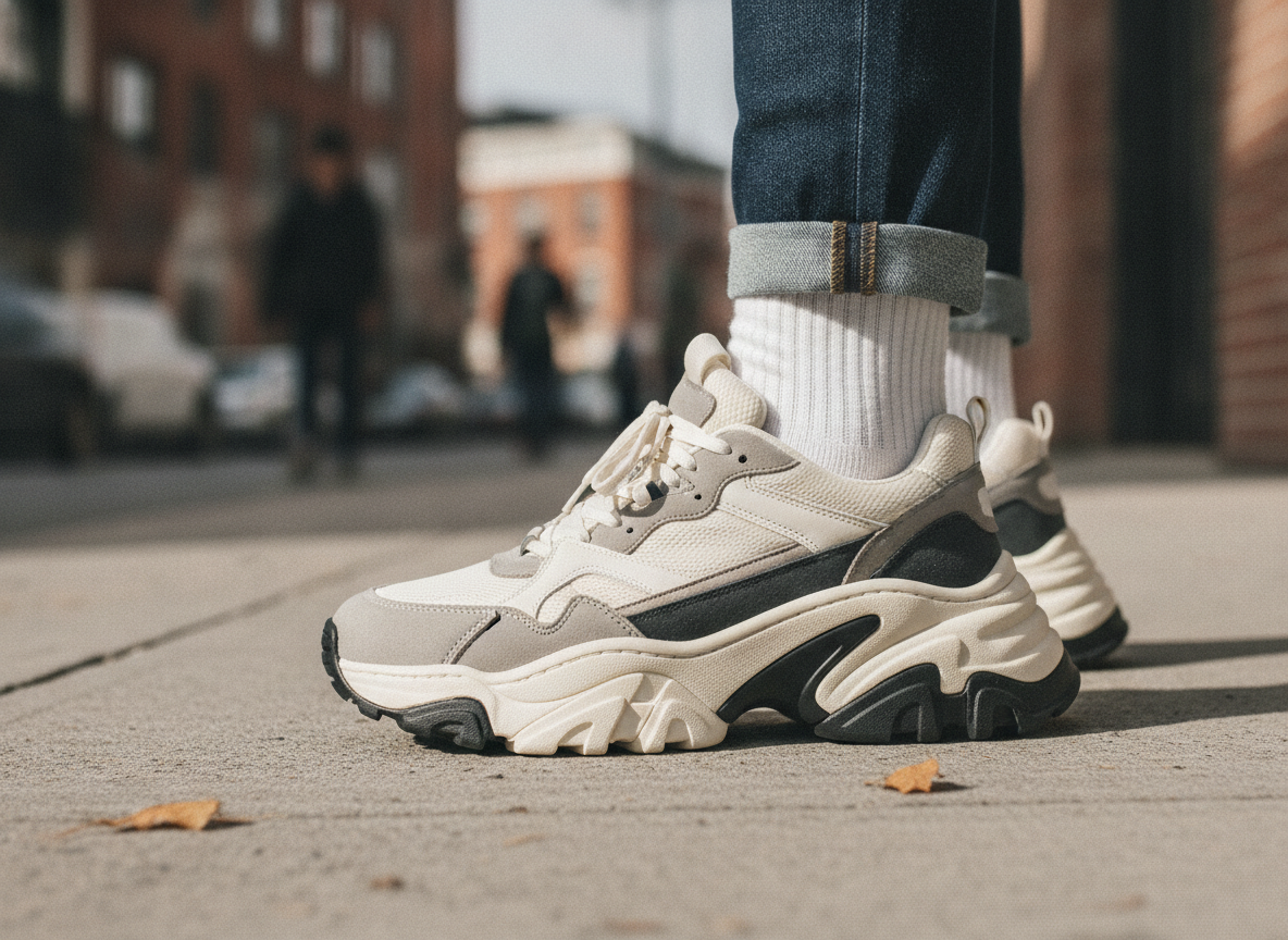 Détail cheville et tige d'une sneaker chunky portée avec jean slim et chaussettes blanches côtelées, look urban streetwear