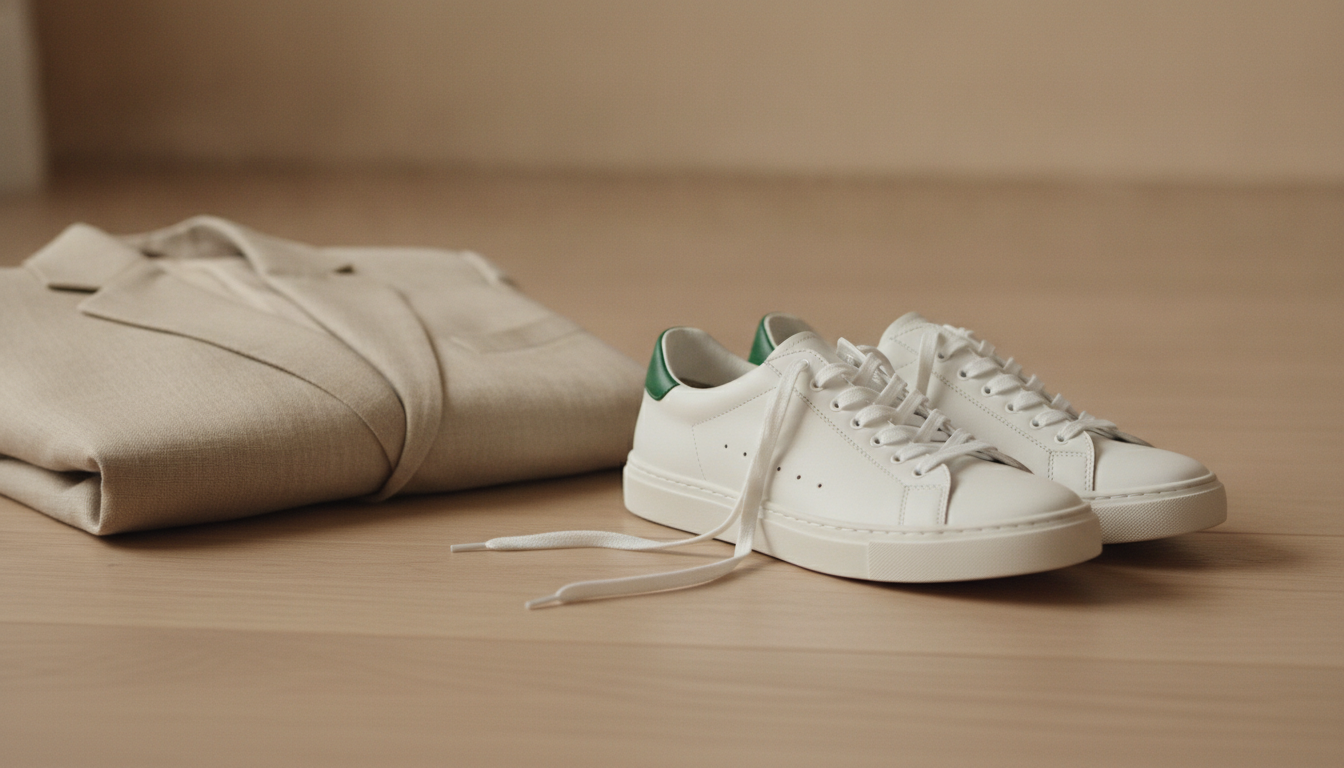 Sneakers en cuir blanc minimalistes posées sur un parquet clair avec un blazer en lin beige, look style 2026