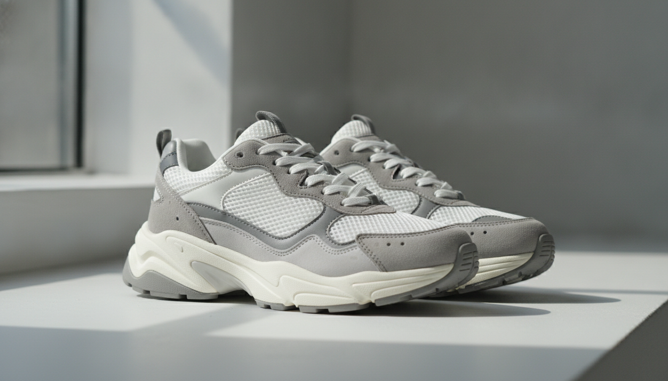 Paire de sneakers chunky grises et blanches posée sur béton blanc, détails mesh et semelle épaisse visibles