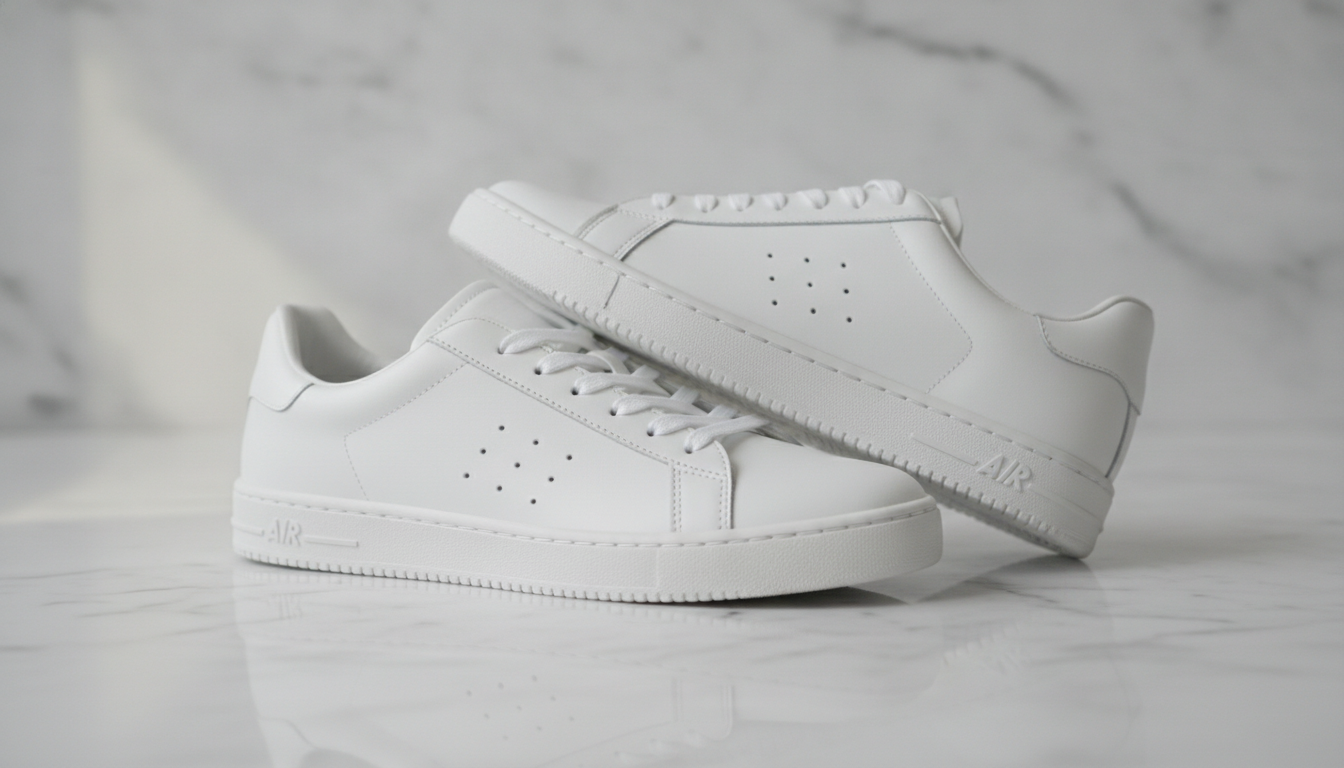 Paire de sneakers en cuir blanc sur marbre, détail des perforations latérales pour authentification