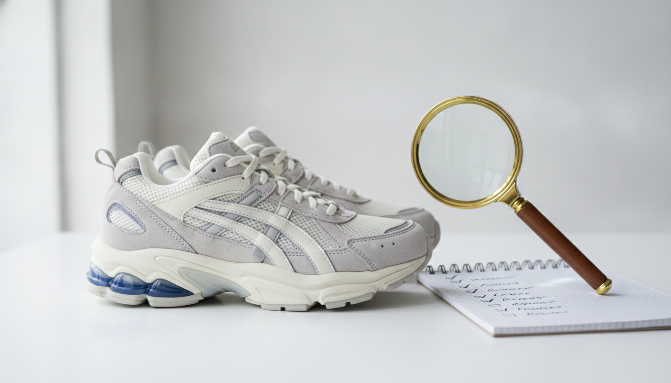 Paire de sneakers running chunky avec bulle de gel au talon posée sur fond blanc avec loupe d'authentification