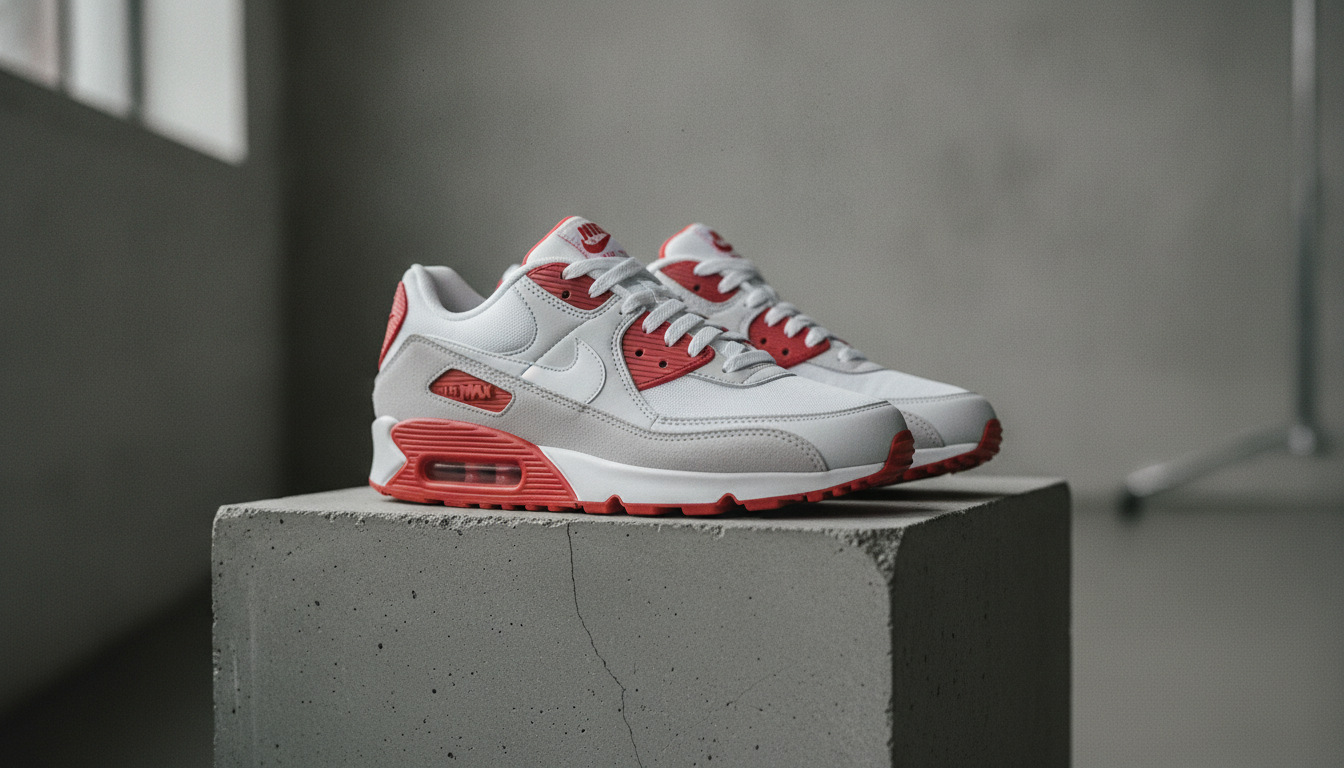 Nike Air Max 90 en coloris OG blanc et rouge posée sur béton, éclairage studio naturel