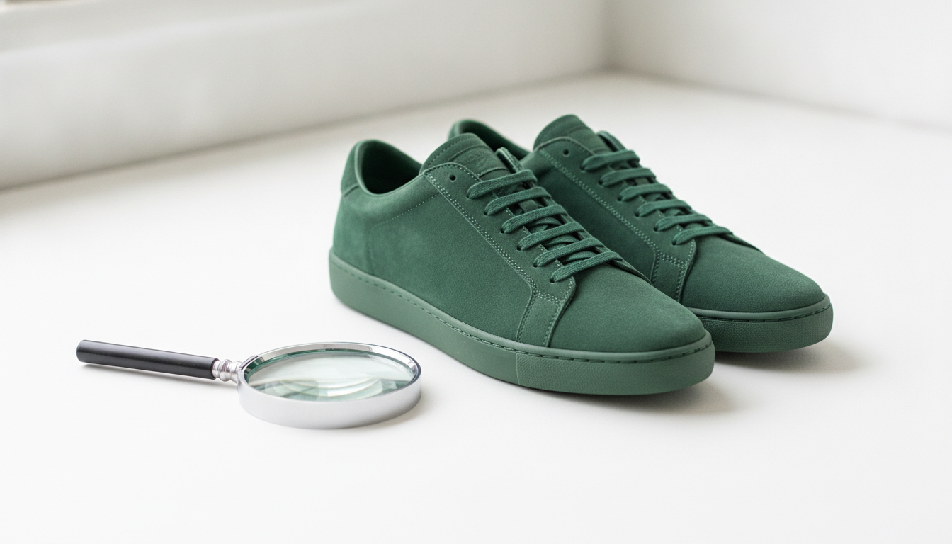 Paire de sneakers en daim vert posée sur un fond blanc avec loupe pour authentification