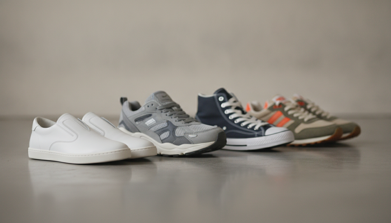 Différentes silhouettes de sneakers alignées sur béton, du slim au chunky, pour illustrer le choix selon sa morphologie
