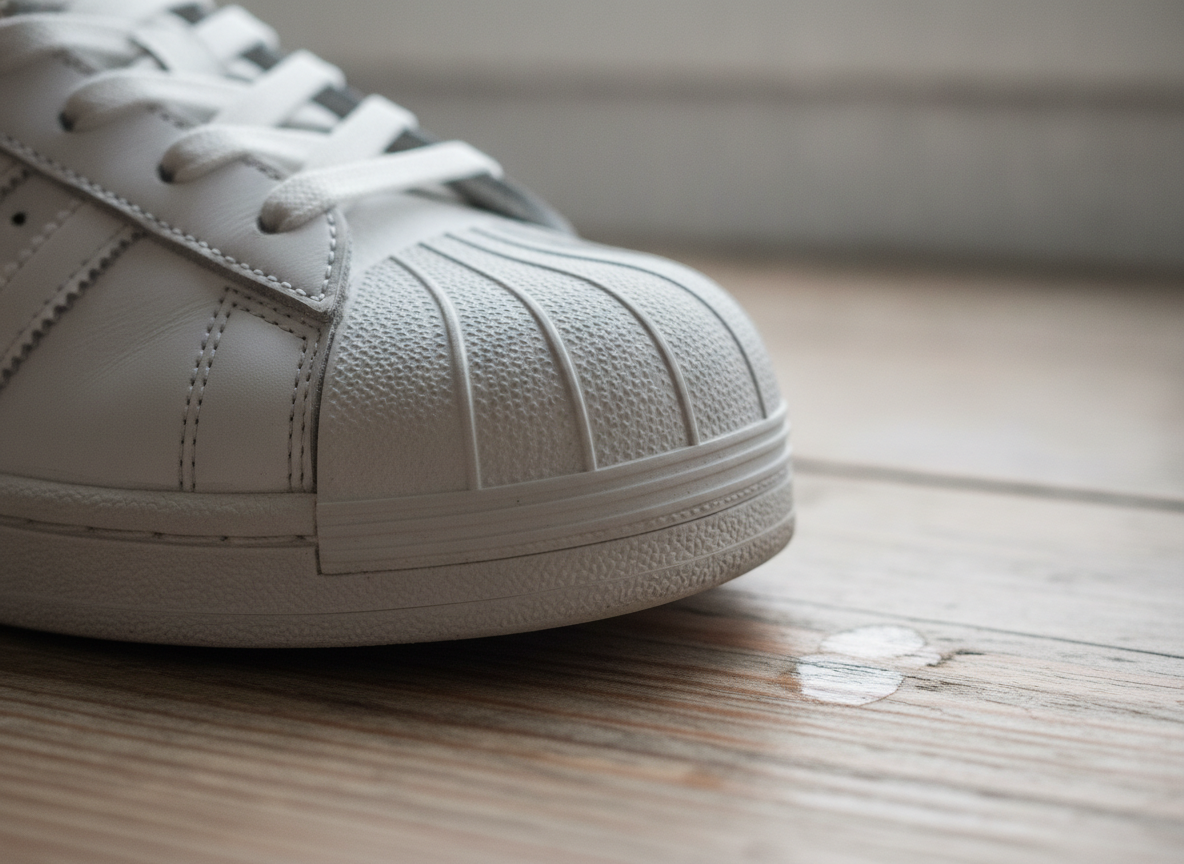 Gros plan sur l'embout coquille d'une sneaker en cuir blanc, détail caractéristique de la silhouette Superstar