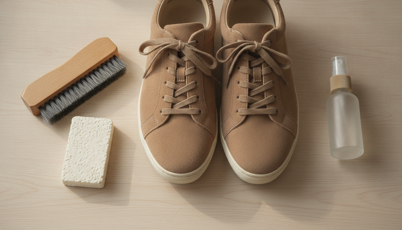 Kit complet pour nettoyer des sneakers en daim : brosse, gomme crepe et spray nettoyant sur bois clair