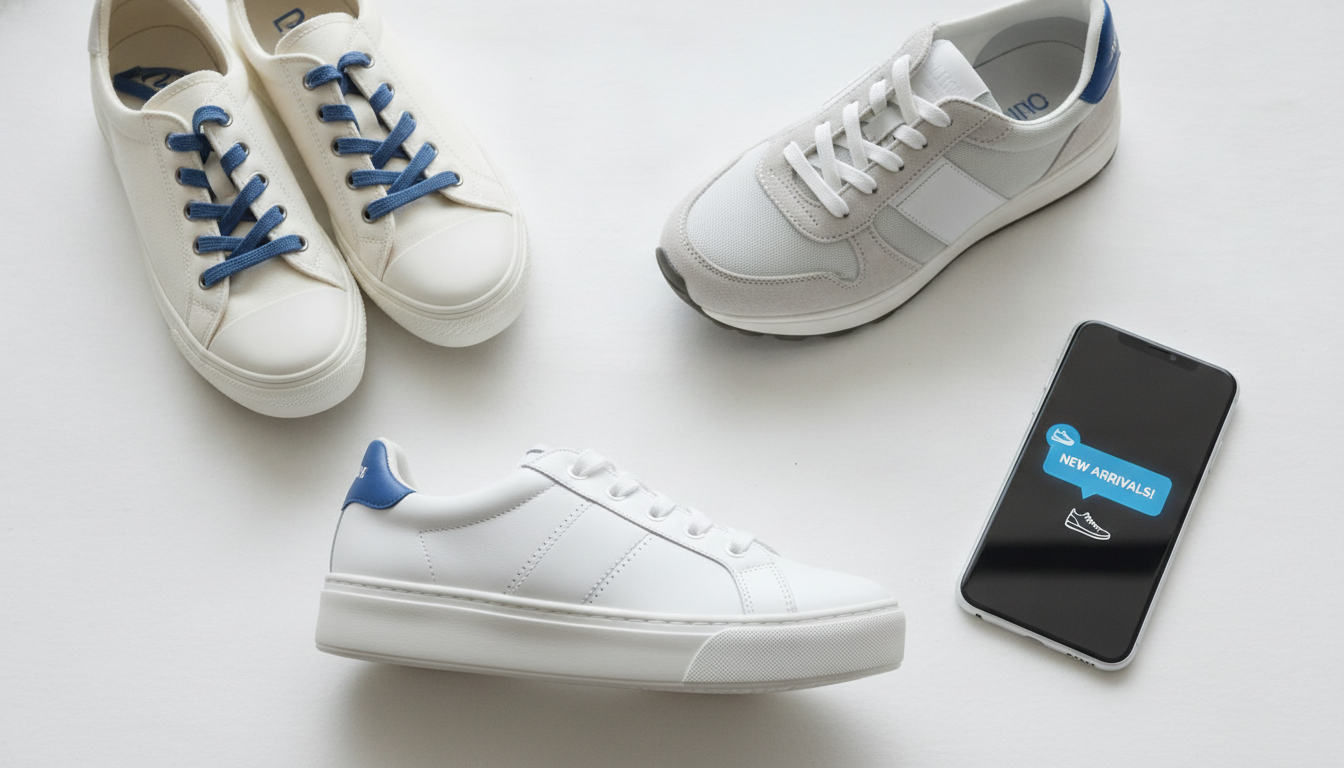 Trois paires de sneakers posées à plat avec un smartphone affichant une notification d'application de drop