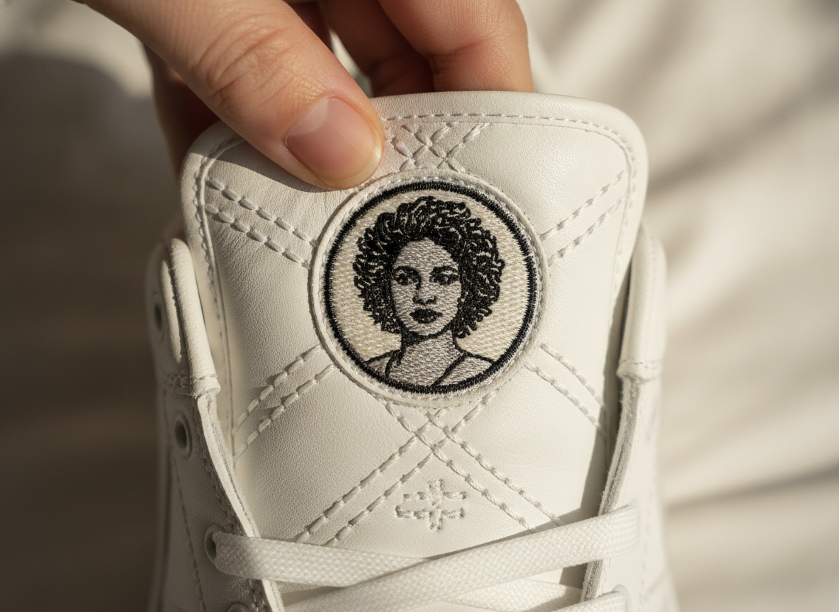 Gros plan sur la languette brodée d'une sneaker en cuir blanc, détail du patch portrait pour authentification