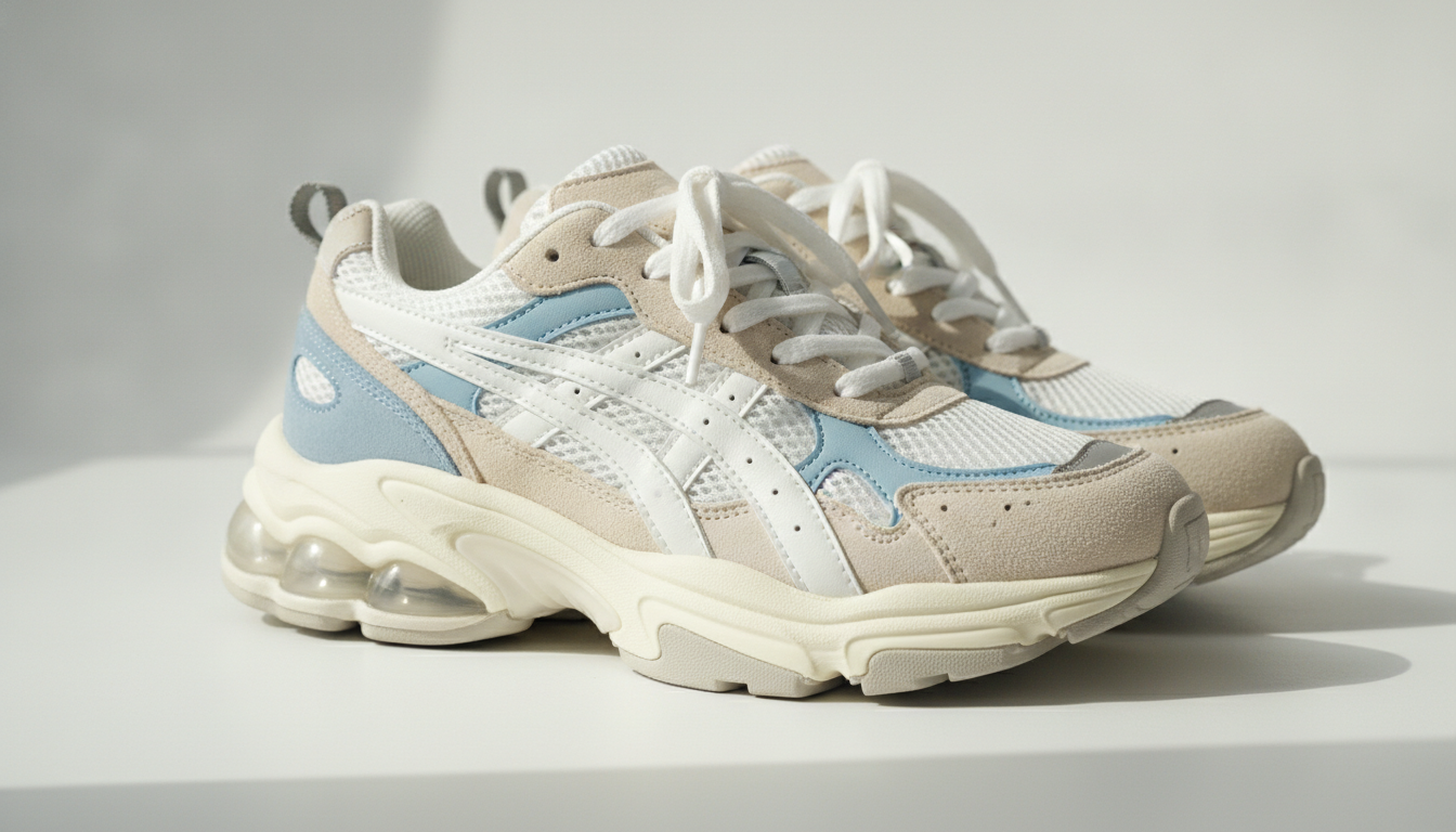 Paire de sneakers running chunky retro vue de trois quarts, capsule gel translucide visible dans le talon