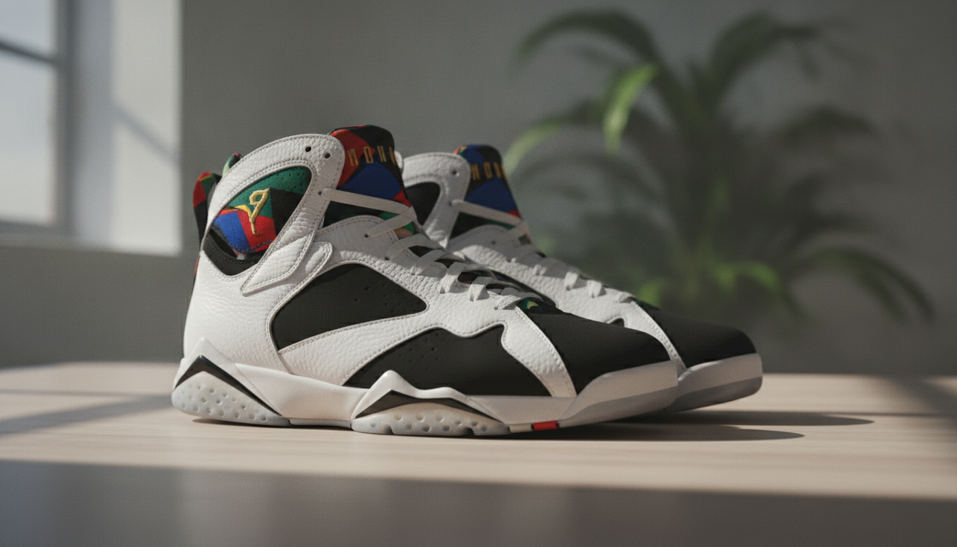 La Air Jordan 7 "Miro" 2026 avec ses détails colorés inspirés de Joan Miró et des JO de Barcelone.