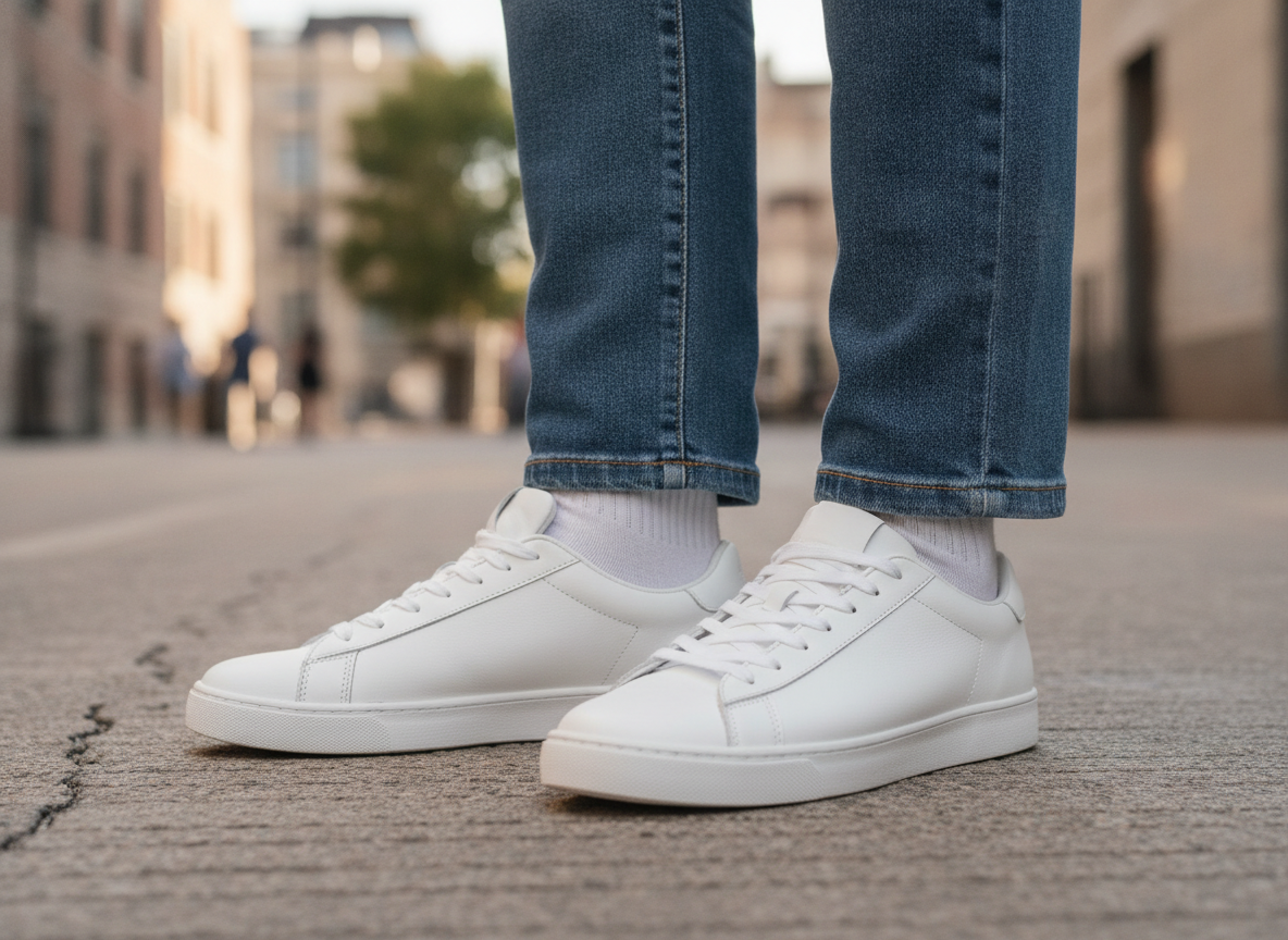 Détail de sneakers blanches en cuir avec jean droit et chaussette blanche visible, trottoir urbain en arrière-plan