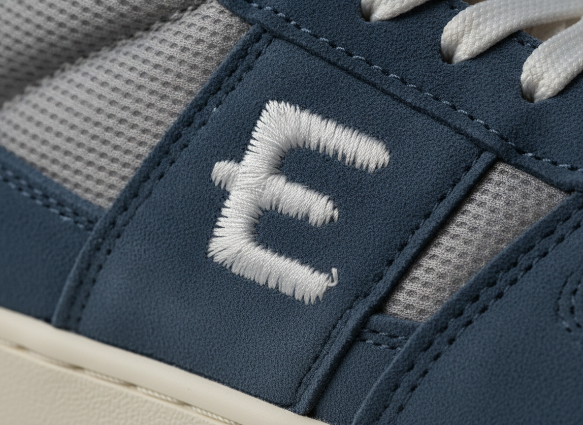 Détail de la broderie en relief sur l'upper suède d'une sneaker New Balance Made in USA
