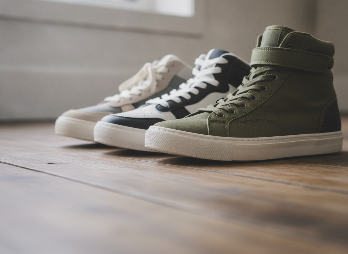 Détail hauteur de tige sneakers low mid high-top côte à côte — comparatif cheville