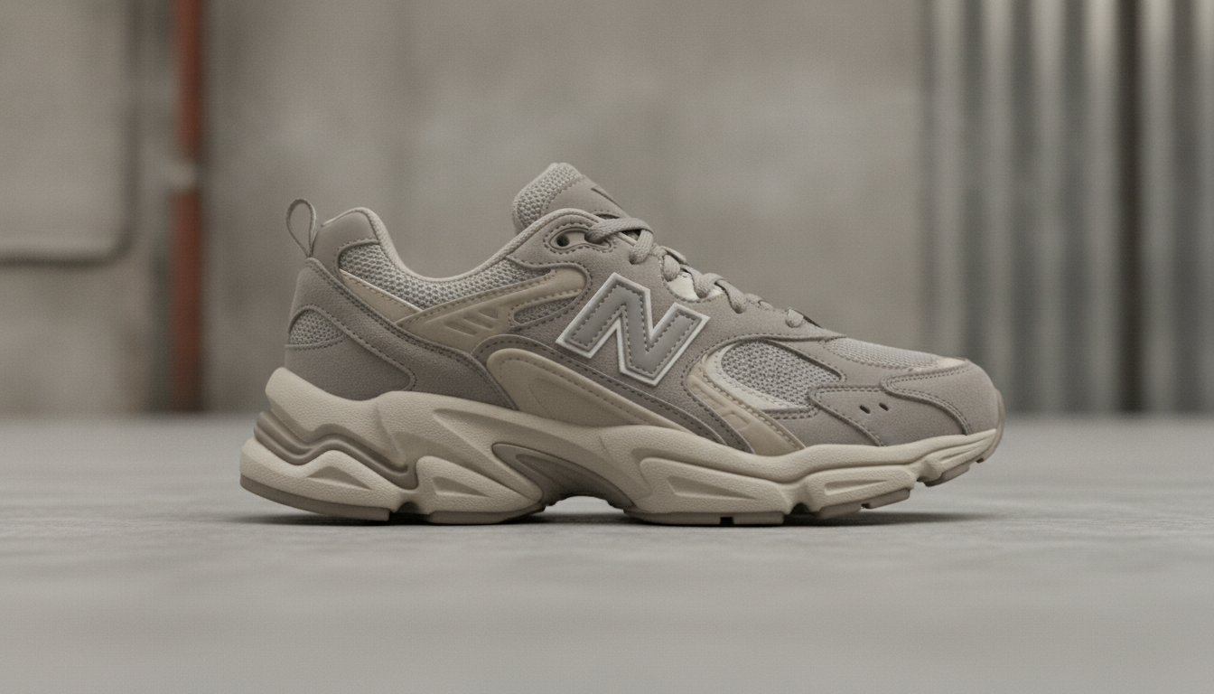 New Balance 9060 coloris gris beige posée sur béton brut, vue trois quarts avant en studio