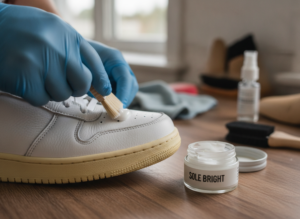 Application de pâte nettoyante sur une semelle intercalaire jaunie de sneaker en cuir blanc