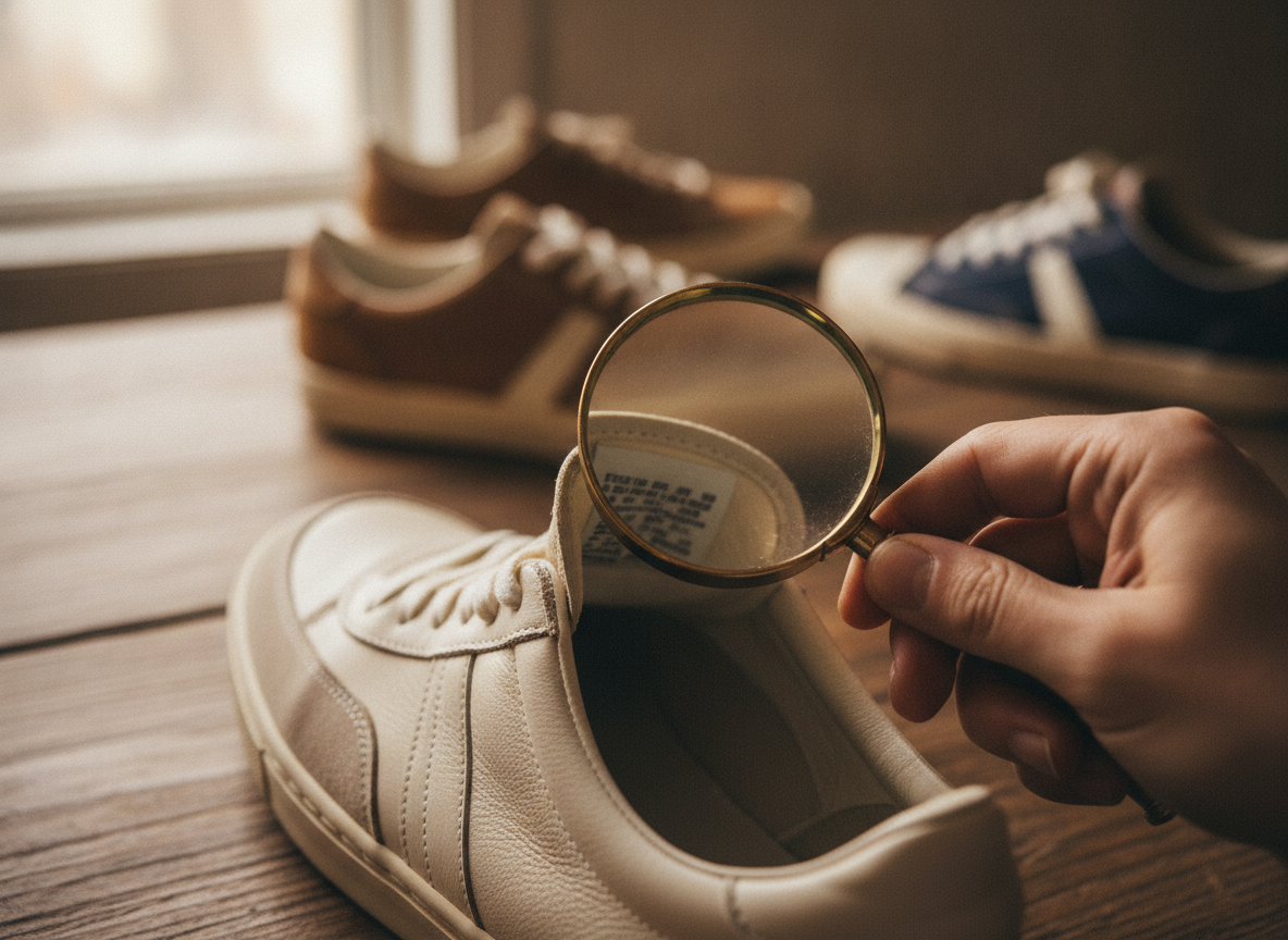 Inspection de l'étiquette intérieure d'une sneaker pour vérifier l'authenticité avant achat en seconde main