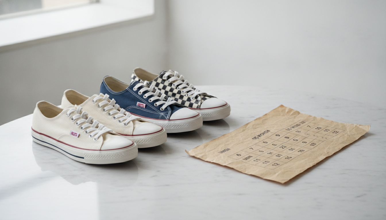 Tableau de conversion tailles Adidas EU US UK avec plusieurs paires de sneakers lifestyle posées sur marbre blanc