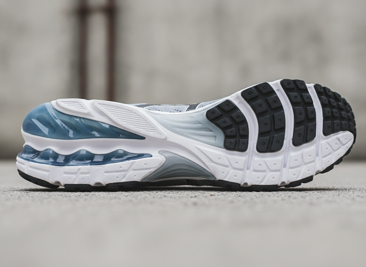 Détail de l'unité de semelle et du gel d'amorti d'une sneaker running lifestyle vue de profil