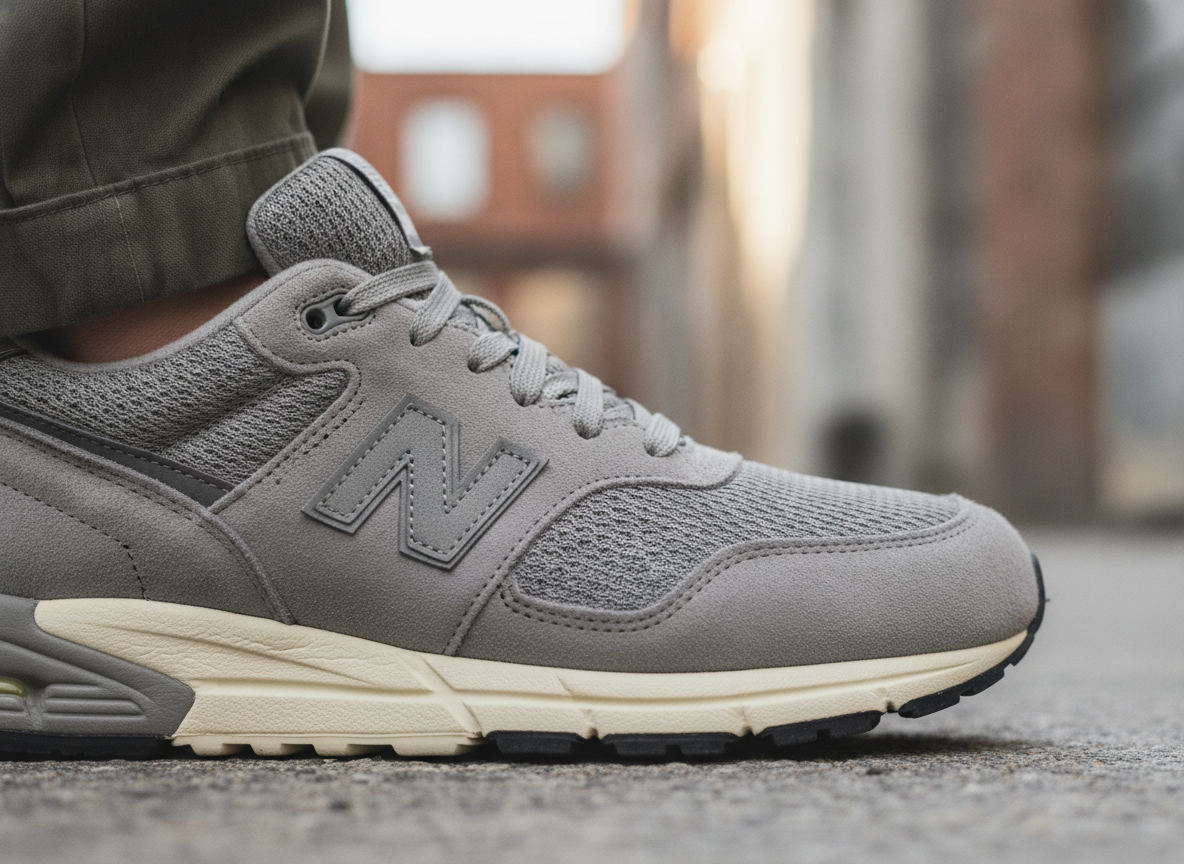 Détail de l'upper en suède et mesh de la New Balance 574 porté avec un cargo olive en contexte urbain