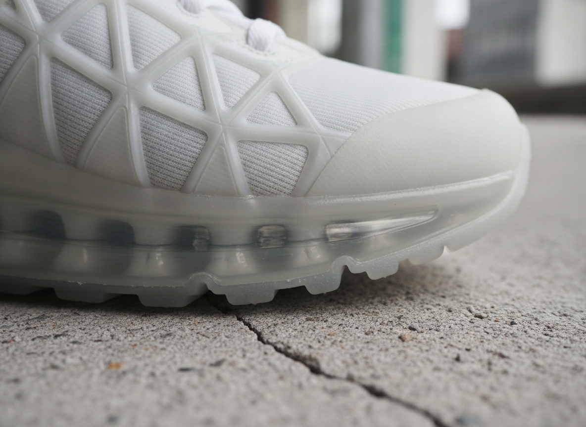 Détail de l'unité Air visible en semelle d'une sneaker lifestyle, fond béton clair
