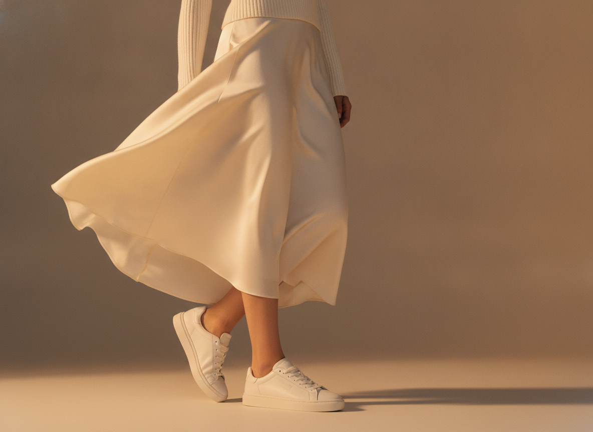 Détail de sneakers blanches portées avec une jupe satin fluide et un crop top côtelé, look sporty chic 2026
