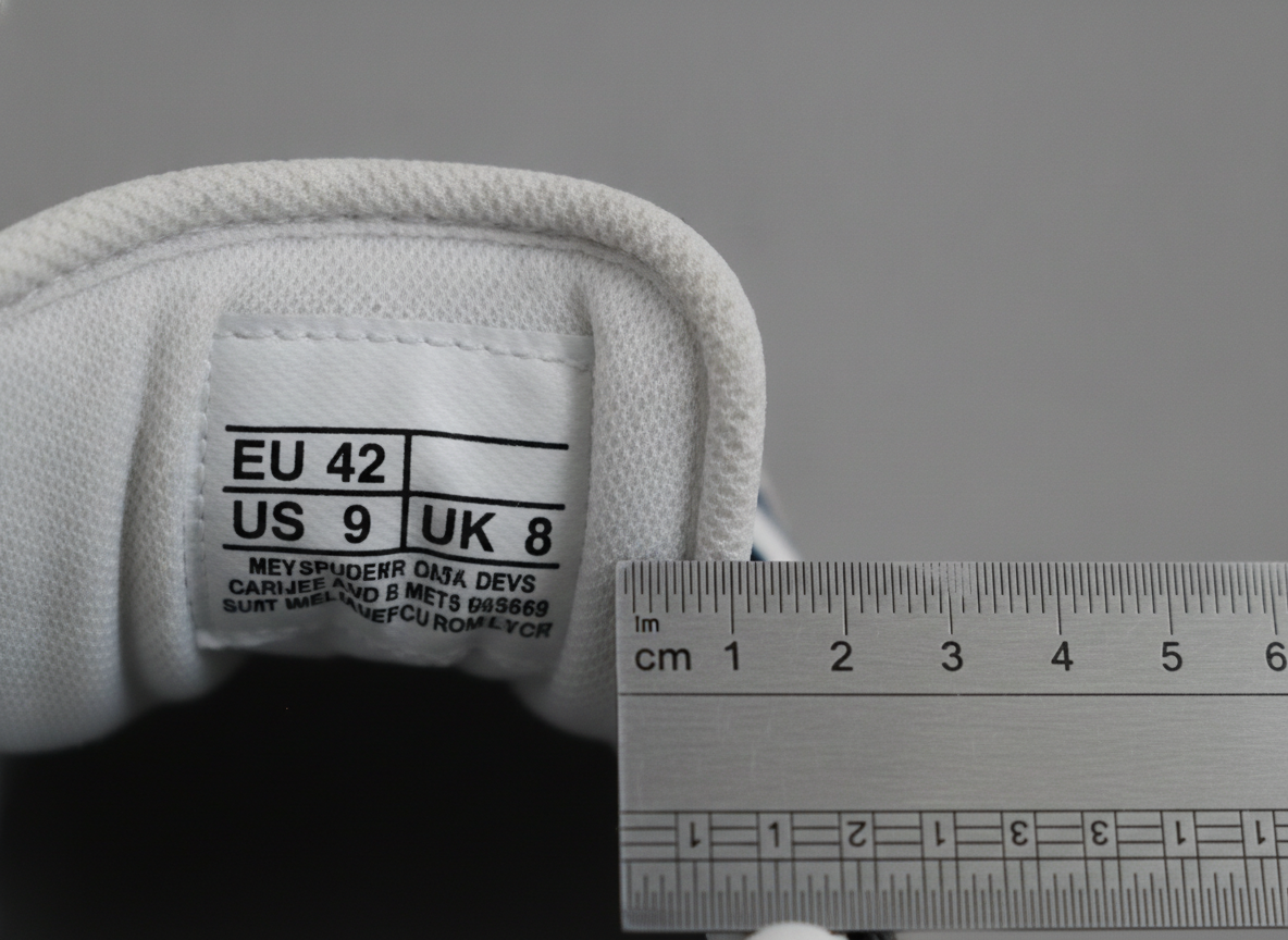Étiquette de taille sur la languette d'une sneaker avec marquages EU, US et UK visibles