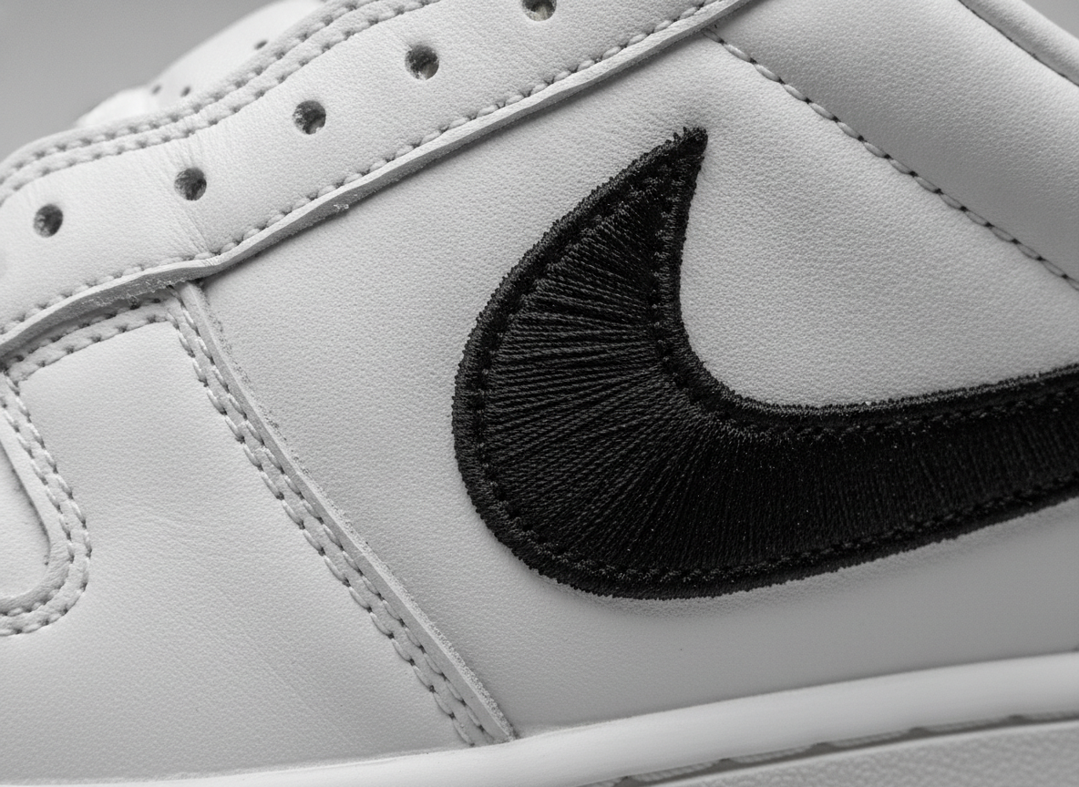 Détail du toecap et des surpiqûres d'une Dunk Low en cuir, texture du matériau visible en gros plan