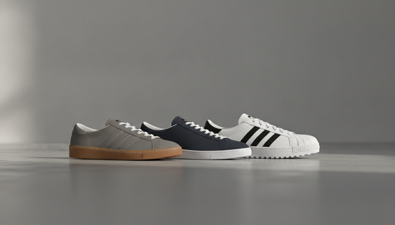 Comparatif trois sneakers lifestyle classiques posées sur béton — profils Samba, Gazelle et Superstar