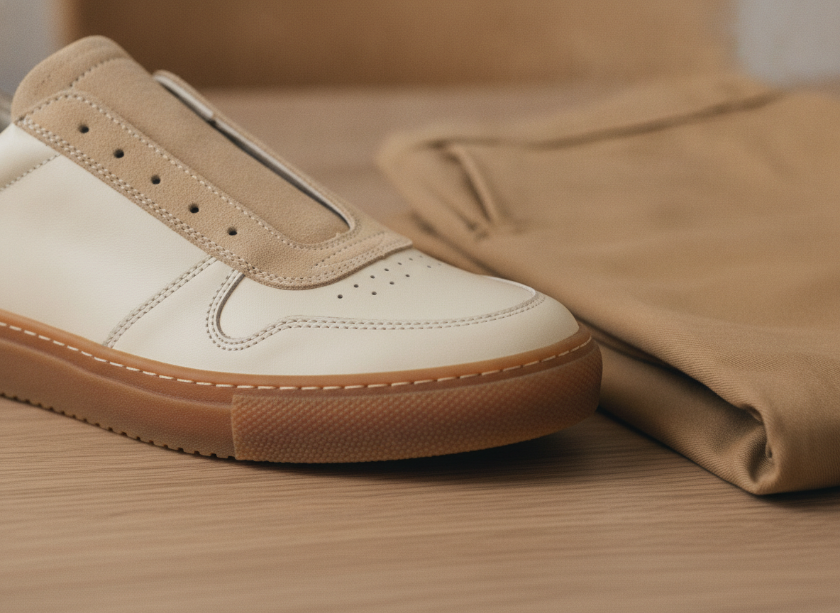 Détail de la semelle gomme et de la languette suède d'une Samba OG avec chino camel, look preppy homme