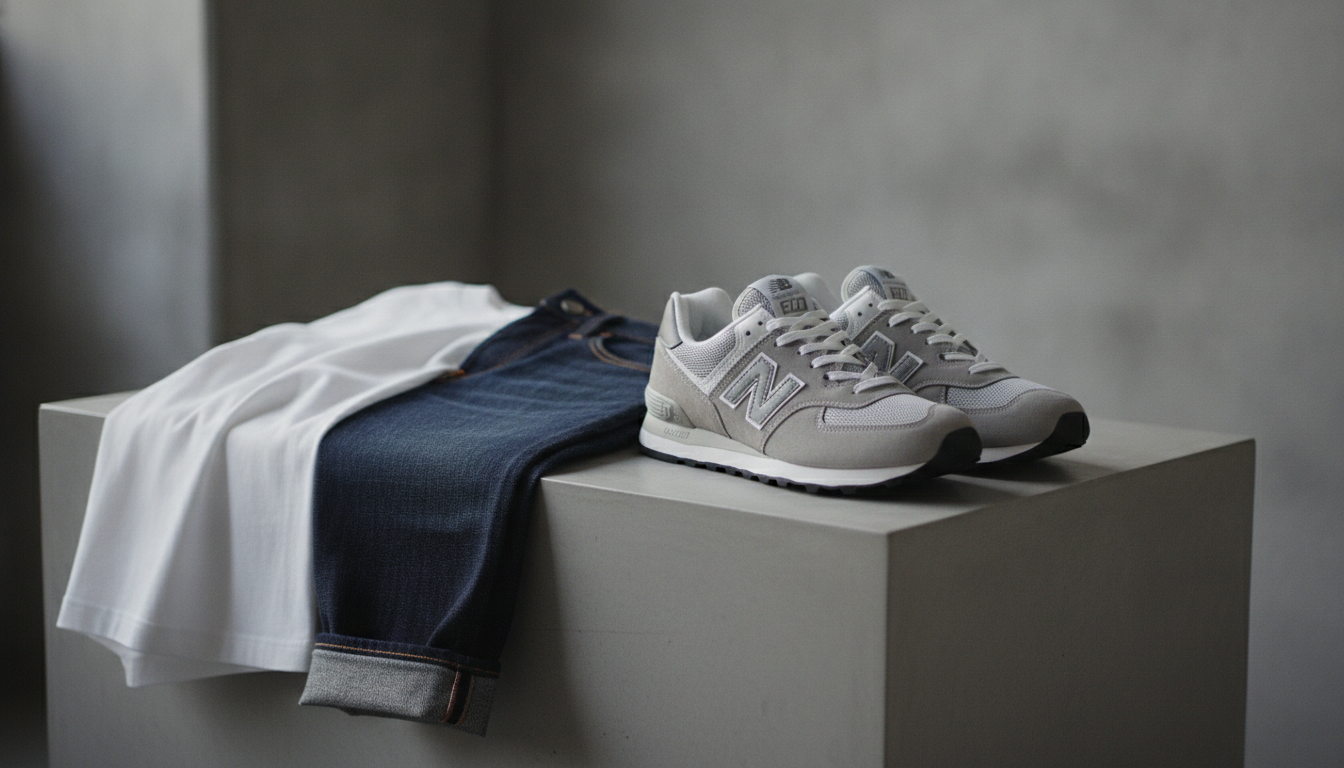 New Balance 574 grise posée avec un jean brut et un t-shirt blanc sur surface en béton, style streetwear 2026