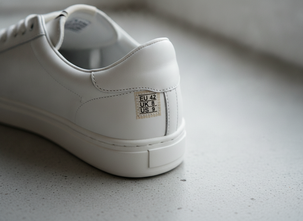 Étiquette de pointure EU et UK à l'intérieur d'une sneaker en cuir blanc — détail conversion de taille Adidas