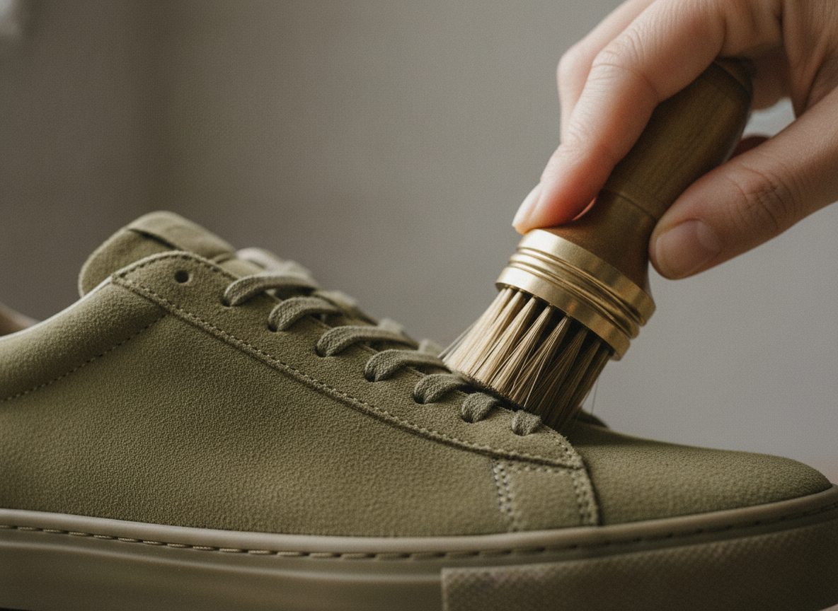 Entretien du daim d'une sneaker basse avec brosse spécialisée, gros plan sur la texture du matériau