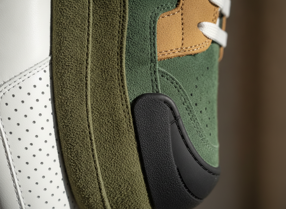 Détail matières : cuir lisse perforé, daim vert et combinaison cuir-daim sur trois uppers de sneakers lifestyle