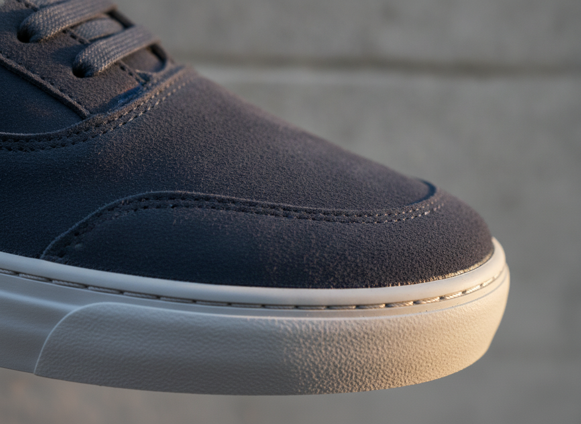 Détail de la tige en daim d'une Gazelle homme navy, texture et coutures mises en valeur