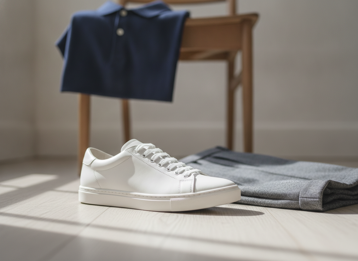 Détail sneaker cuir blanc posée au sol avec pantalon flanelle grise et polo navy, look smart-casual homme