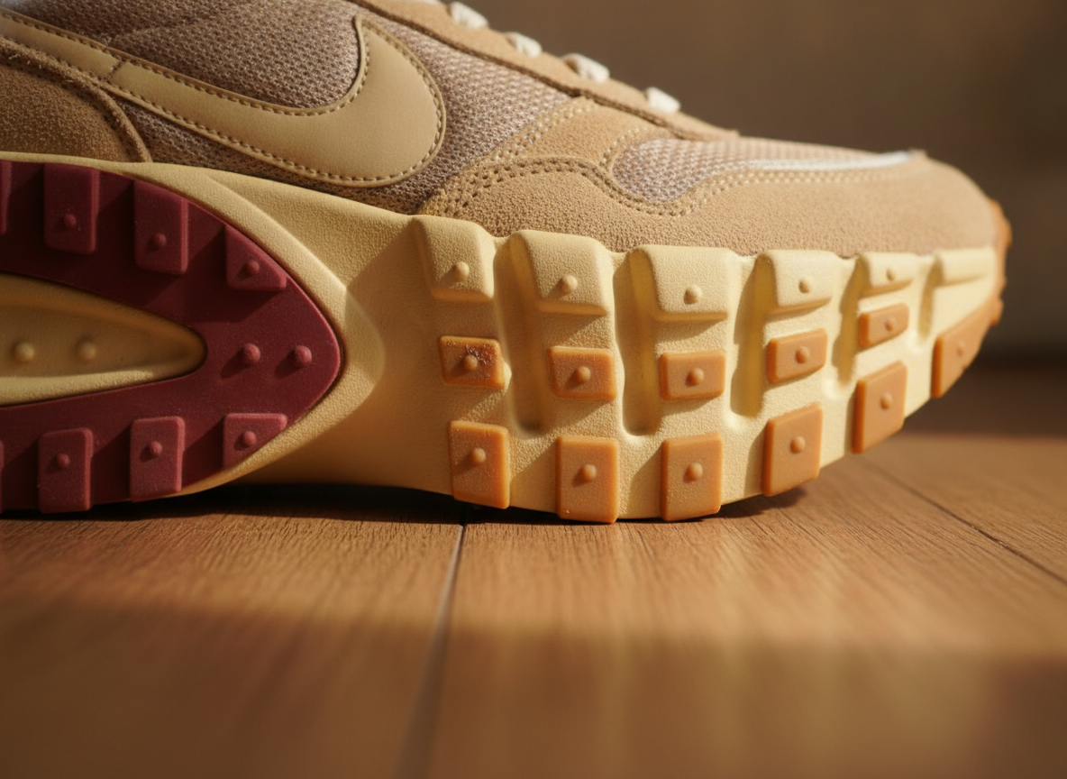 Détail semelle et mesh d'une sneaker retro runner style années 70, texture gomme et tissu aéré