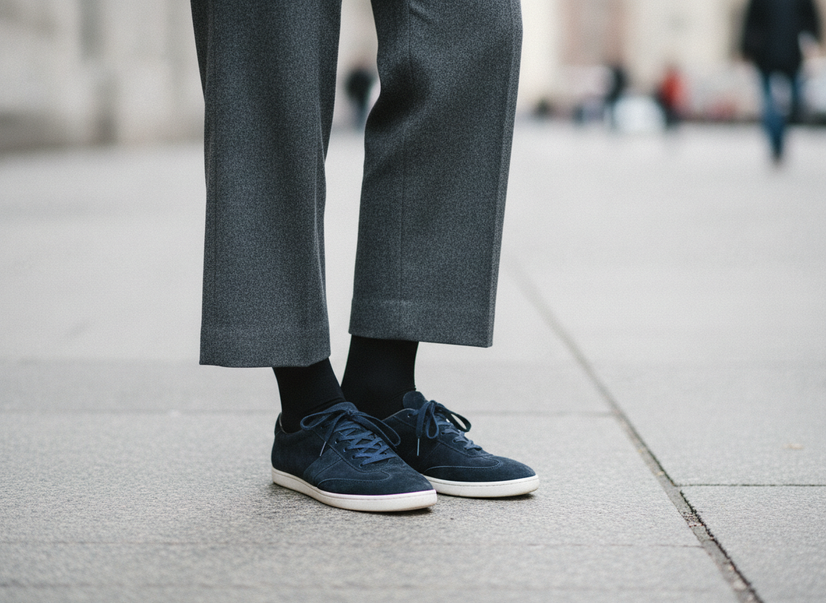 Détail chaussure Puma Speedcat marine portée avec collant opaque et pantalon tailleur large