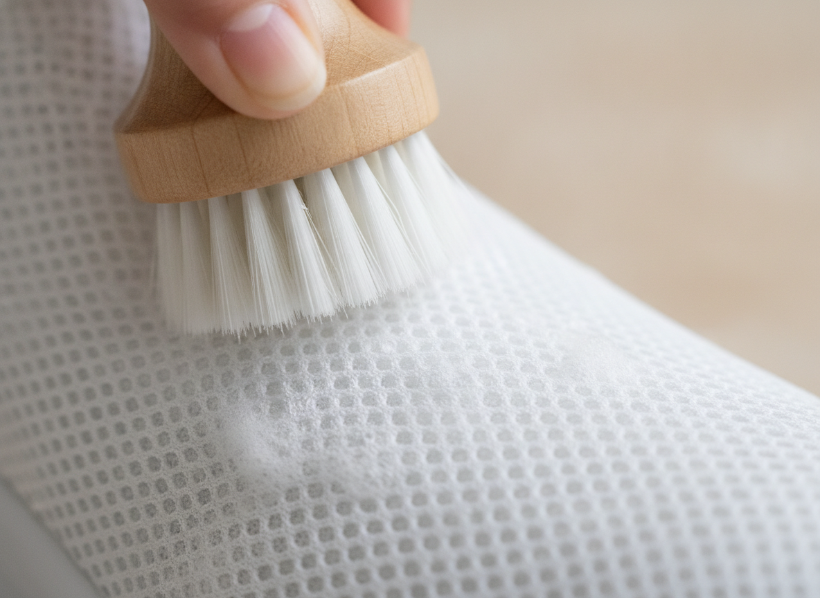 Gros plan d'une brosse à soies souples appliquant de la mousse sur une empeigne en mesh blanc