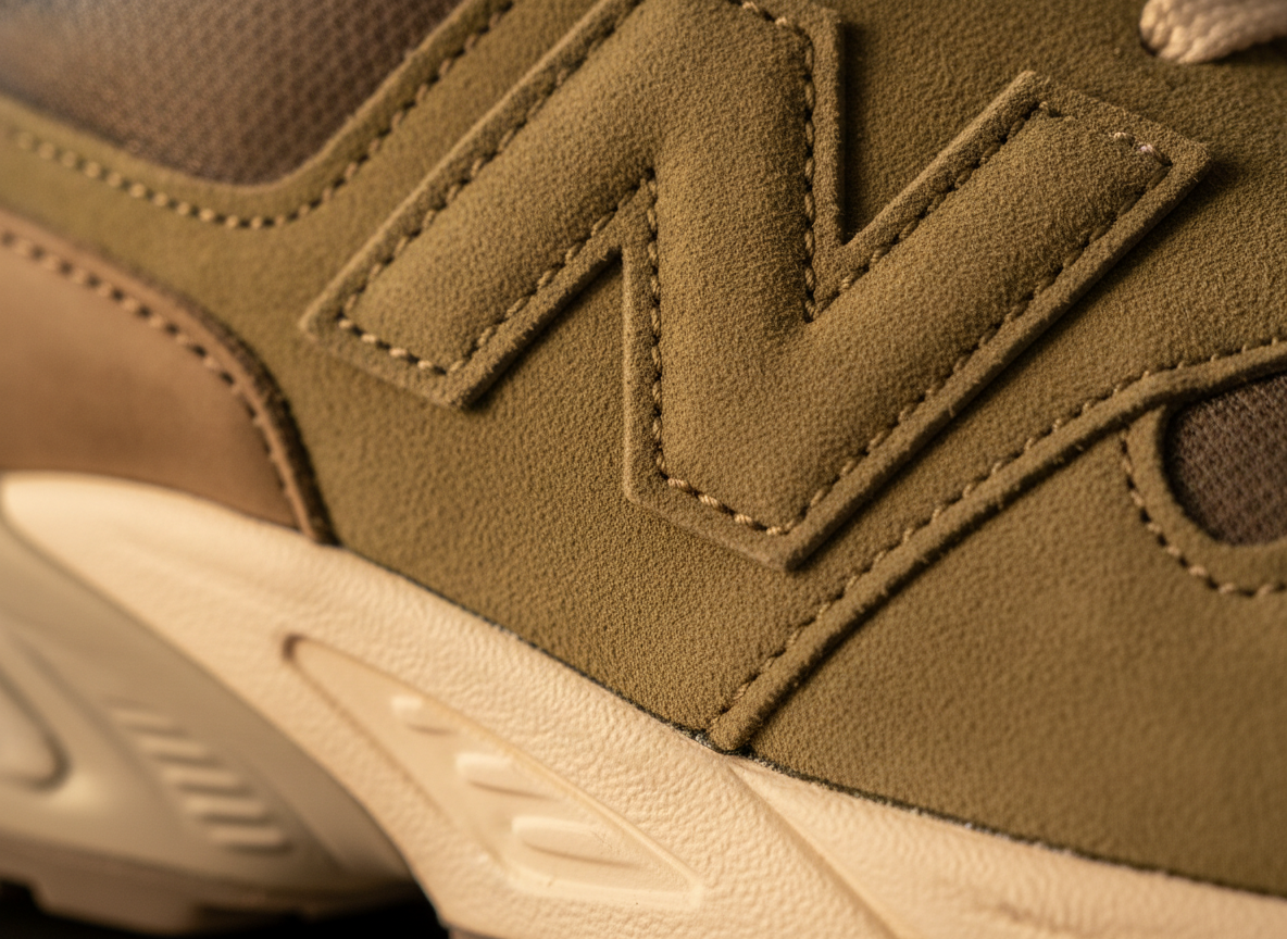 Détail du logo N brodé et de la semelle ENCAP d'une sneaker lifestyle en daim gris