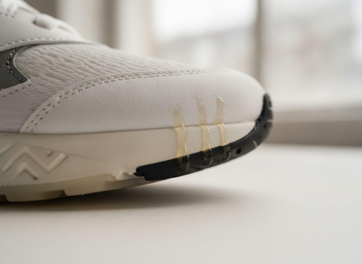 Gros plan sur la jonction semelle intercalaire et outsole d'une sneaker, comparaison authentique vs fake