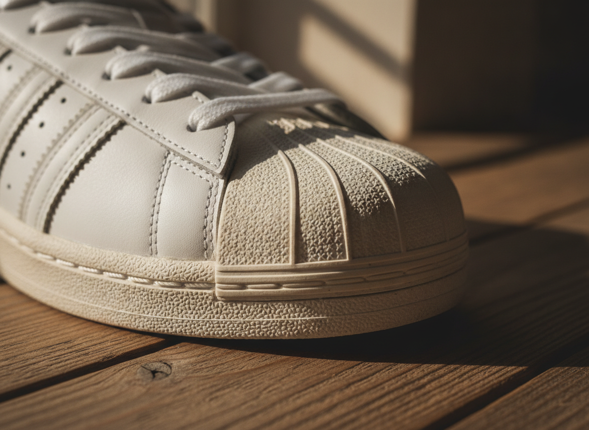 Gros plan sur l'embout coquille en caoutchouc blanc d'une sneaker lifestyle en cuir