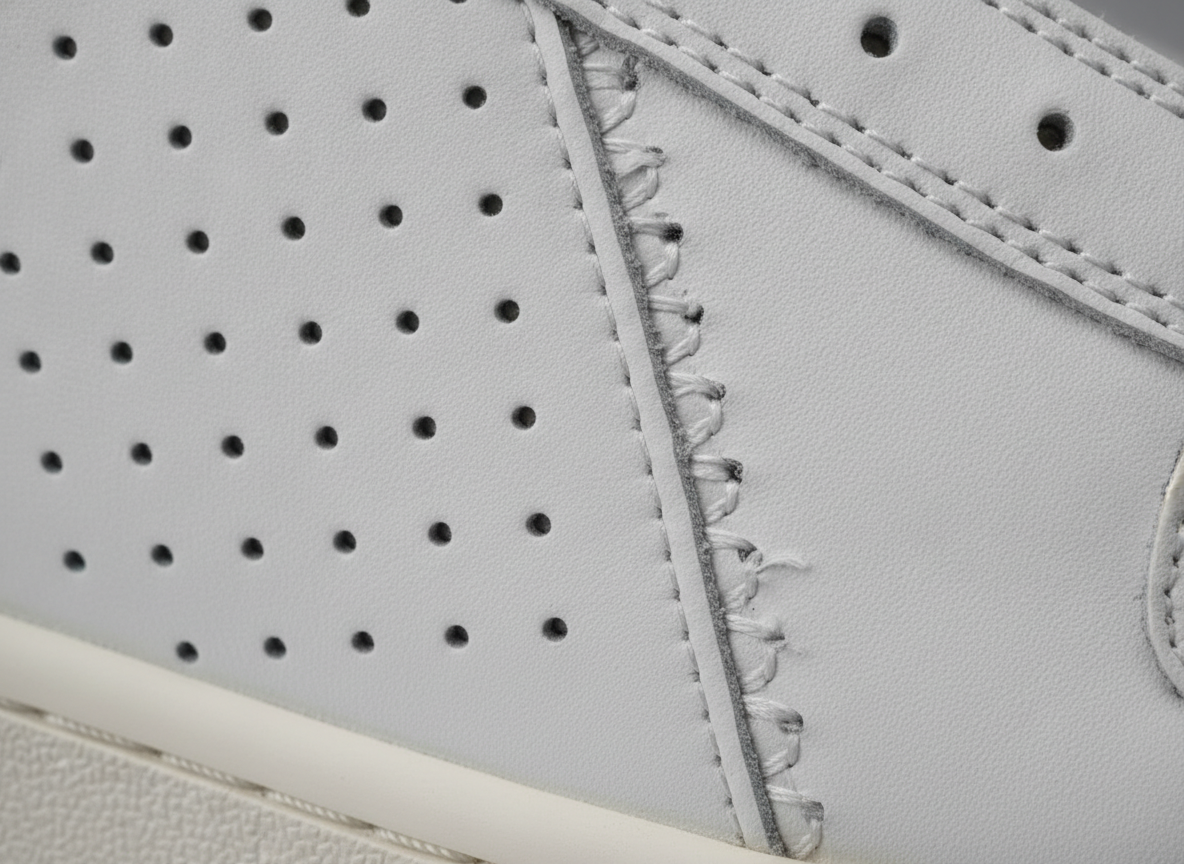 Gros plan sur les perforations latérales d'une sneaker blanche en cuir, détail d'authentification