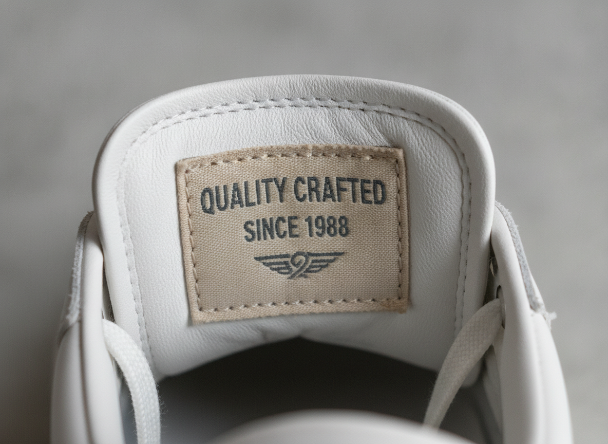 Gros plan sur l'étiquette intérieure et les coutures d'une sneaker basse blanche pour détecter une contrefaçon