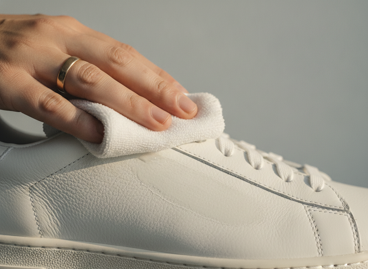 Application de conditionneur cuir sur le côté d'une sneaker blanche avec une microfibre