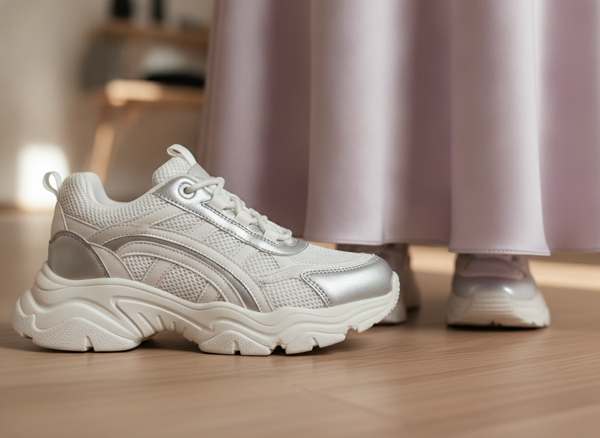 Détail semelle chunky sneaker blanche argent posée sur parquet clair à côté d'une jupe midi satin lilas