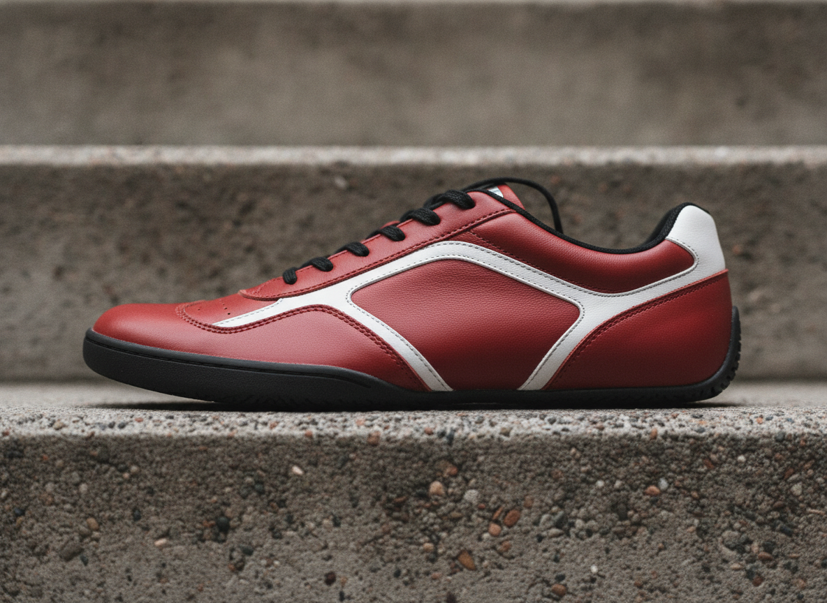 Profil ultra-plat de la Puma Speedcat rouge en cuir sur une marche en béton, détail semelle 2026