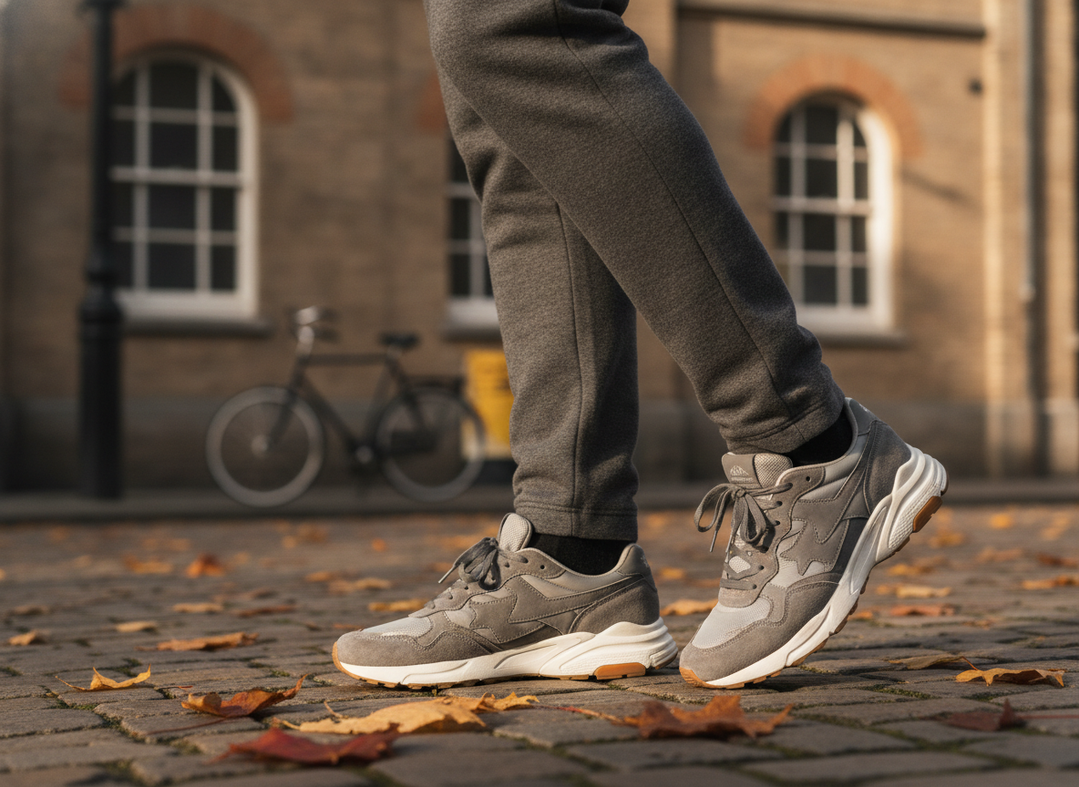 Détail look homme jogger tapered et sneaker chunky runner grise, style streetwear urbain 2026